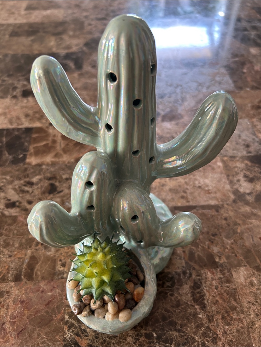 Ceramic Iridescent Green Cactus Incense Holder